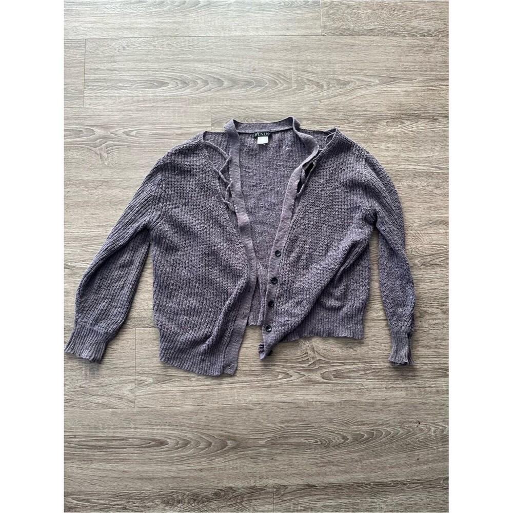 Venus Button Up Cardigan Sweater Womens Medium Purple Moss Cotton Lace Up Knit